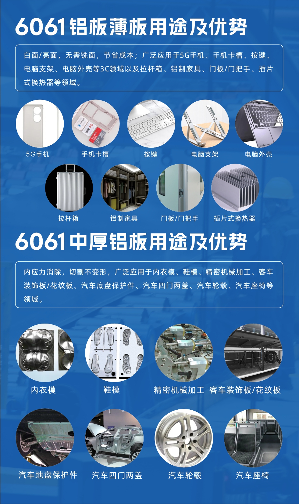 6061鋁板薄板用途及優(yōu)勢(shì):白面/亮面,無需銑面,節(jié)省成本;廣泛應(yīng)用于5G手機(jī)、手機(jī)卡槽、按鍵、電腦支架、電腦外殼等3C領(lǐng)域以及拉桿箱、鋁制家具、門板/門把手、插片式換熱器等領(lǐng)域。
6061中厚鋁板用途及優(yōu)勢(shì):內(nèi)應(yīng)力消除,切割不變形,廣泛應(yīng)用于內(nèi)衣模、鞋模、精密機(jī)械加工、客車裝飾板/花紋板、汽車底盤保護(hù)件、汽車四門兩蓋、汽車輪轂、汽車座椅等領(lǐng)域。