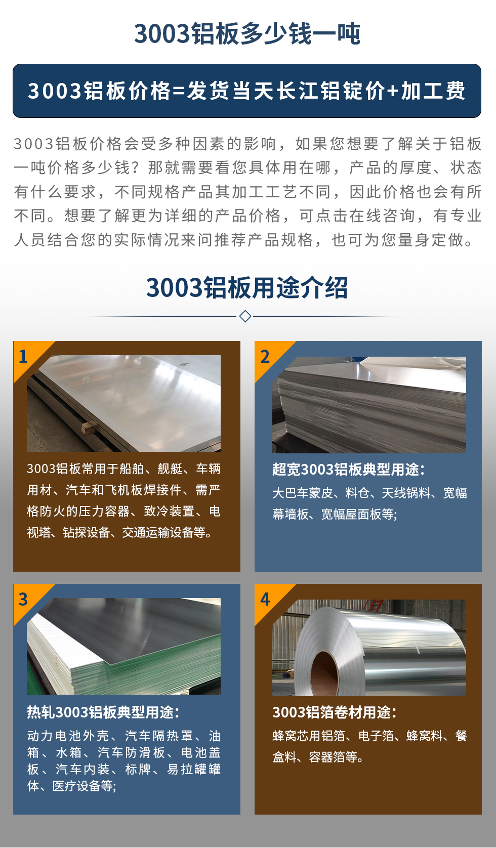 3003鋁板用途介紹
　　3003鋁板常用于船舶、艦艇、車輛用材、汽車和飛機板焊接件、需嚴(yán)格防火的壓力容器、致冷裝置、電視塔、鉆探設(shè)備、交通運輸設(shè)備等。超寬3003鋁板典型用途：大巴車蒙皮、料倉、天線鍋料、寬幅幕墻板、寬幅屋面板等;熱軋3003鋁板典型用途：動力電池外殼、汽車隔熱罩、油箱、水箱、汽車防滑板、電池蓋板、汽車內(nèi)裝、標(biāo)牌、易拉罐罐體、醫(yī)療設(shè)備等;3003鋁箔卷材用途： 蜂窩芯用鋁箔、電子箔、蜂窩料、餐盒料、容器箔等。