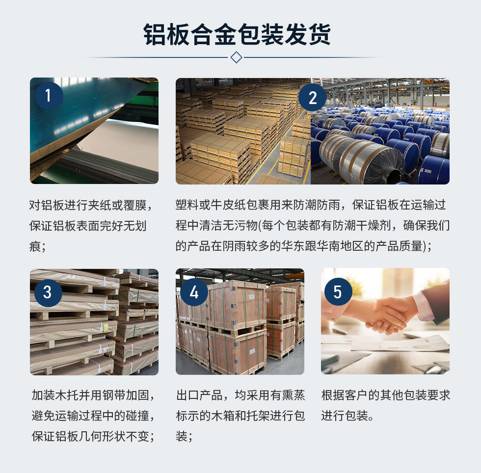 鋁板合金包裝發(fā)貨
1、對(duì)鋁板進(jìn)行夾紙或覆膜,保證鋁板表面完好無劃痕;
2、塑料或牛皮紙包裹用來防潮防雨,保證鋁板在運(yùn)輸過程中清潔無污物(每個(gè)包裝都有防潮干燥劑,確保我們的產(chǎn)品在陰雨較多的華東跟華南地區(qū)的產(chǎn)品質(zhì)量);
3、加裝木托并用鋼帶加固,避免運(yùn)輸過程中的碰撞,保證鋁板幾何形狀不變;
4、出口產(chǎn)品,均采用有熏蒸標(biāo)示的木箱和托架進(jìn)行包裝;
5、根據(jù)客戶的其他包裝要求進(jìn)行包裝;